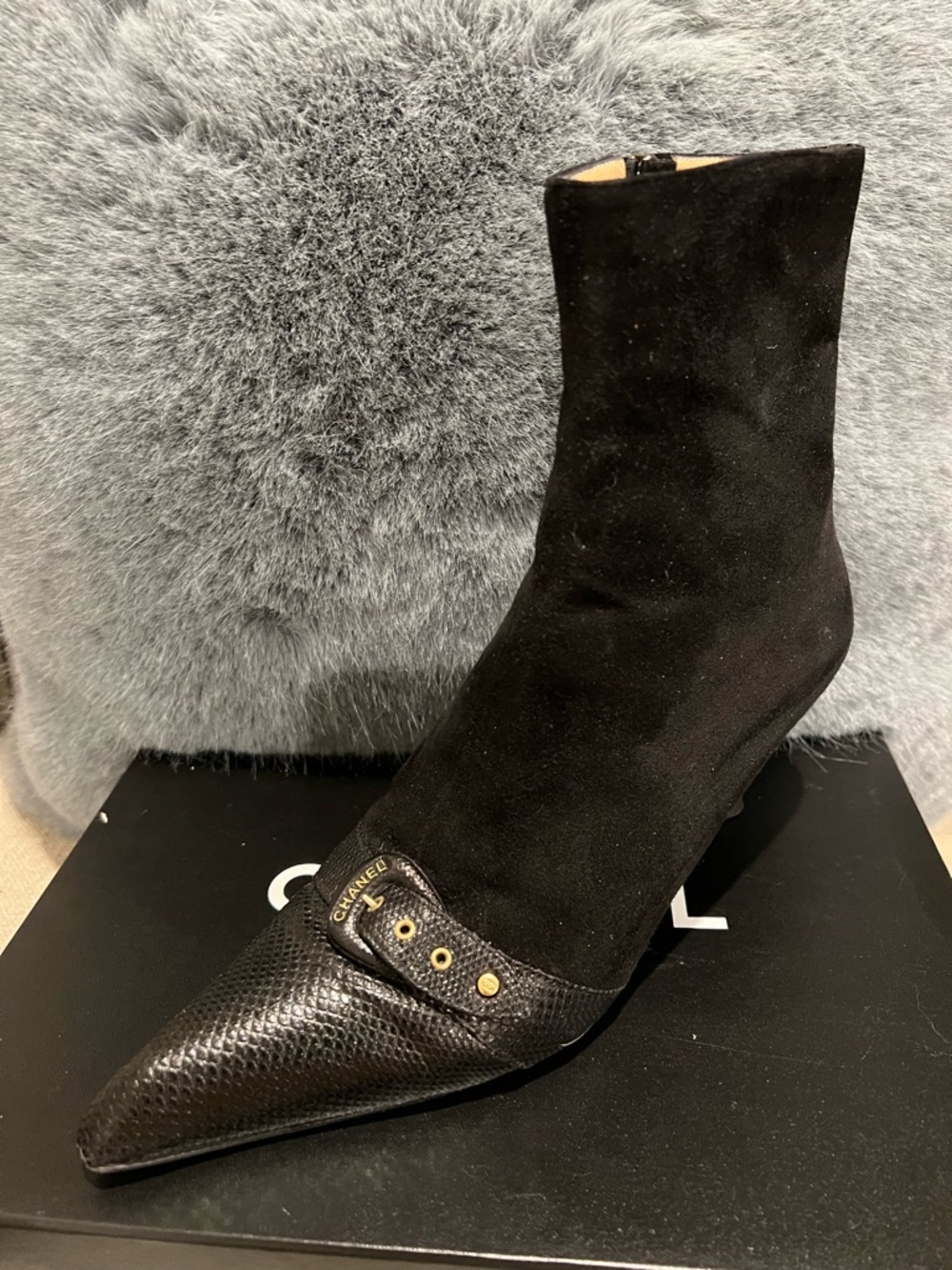 CHANEL Black Suede & Lizard Skin Cap Toed with Kitten Heels